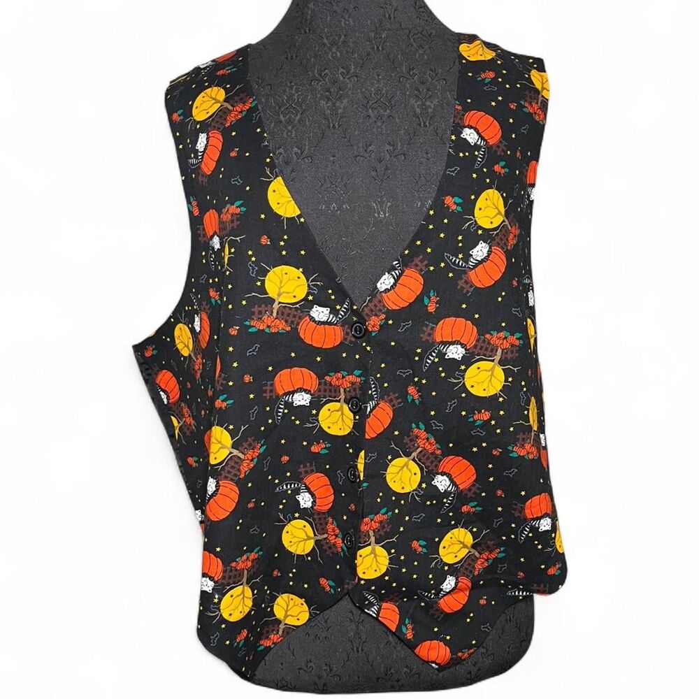 Vintage Halloween Cats Pumpkins Vest Moon Fall Button Up Size 24W XL